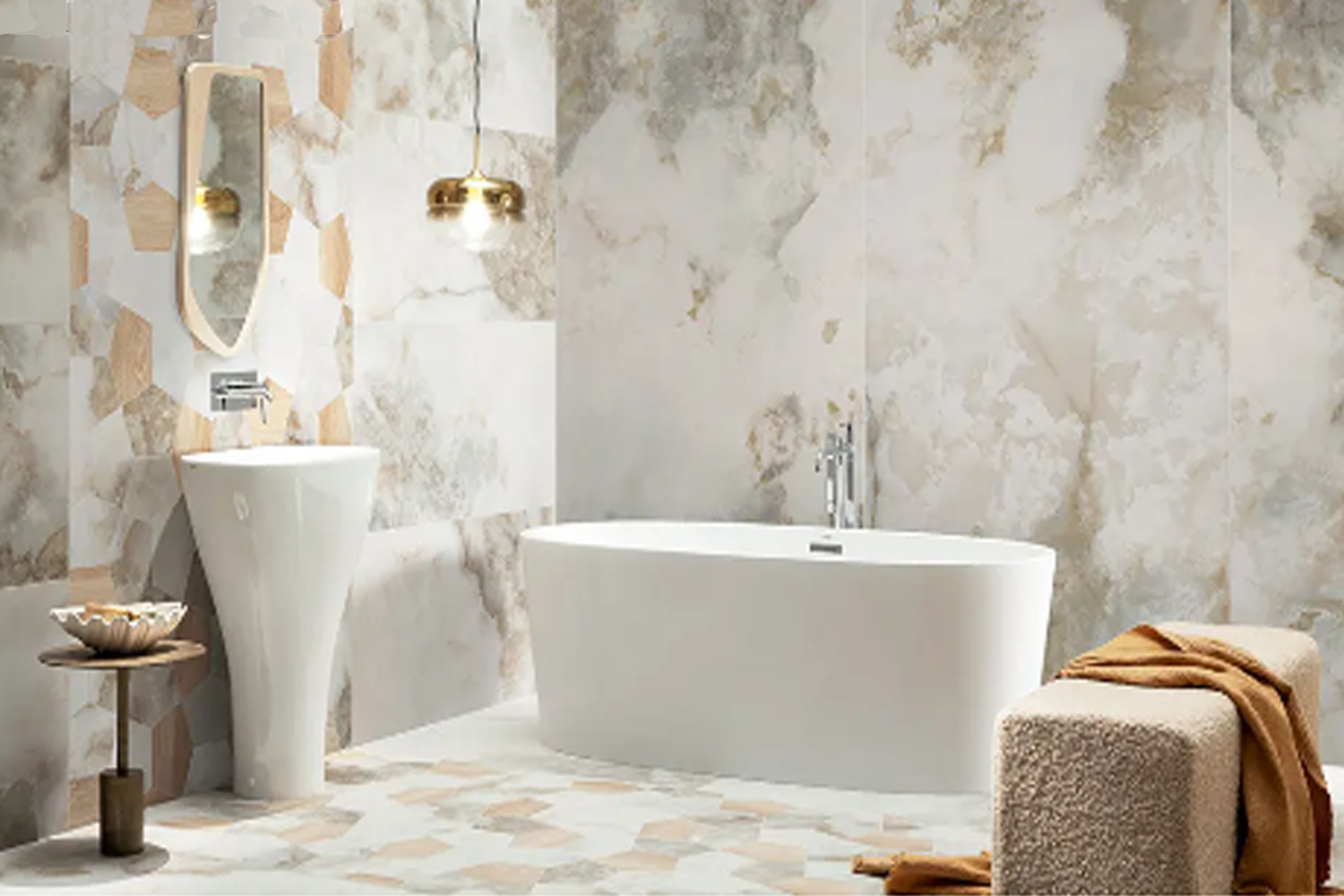 Luksusowa łazienka glamour z onyksowymi płytkami